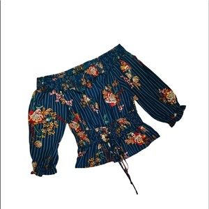 OLM Navy Floral Striped Off Shoulder Tie F…